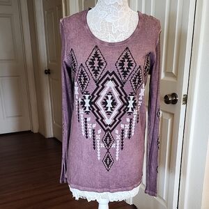 Vocal Thermal Acid Wash Aztec Print Rhinestone Baddie Goth Witchy Top Sz 1X